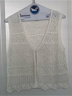 A New Day Cream Crochet Knit V-Neck open Front Sweater Vest sz small